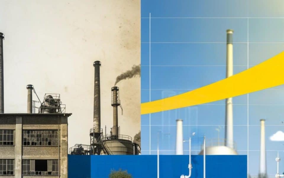 Contraste entre ancienne usine polluante et installation industrielle moderne et durable illustrant l'avancée des normes aérauliques