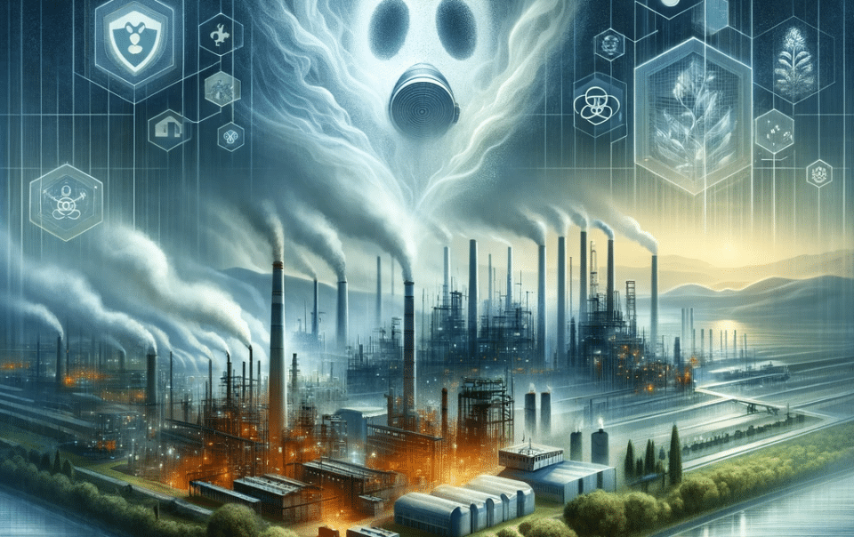 Illustration conceptuelle d'une usine émettant de la pollution dans l'air, symbolisant les dangers des produits CMR pour l'environnement et la santé