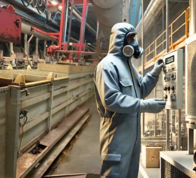 Technicien en tenue de protection procédant à un audit aéraulique après un dépassement de VLEP