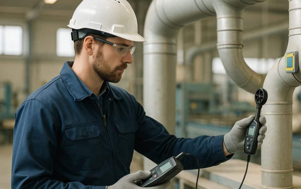 Réseau de ventilation industrielle en atelier, contrôlé pour audit technique