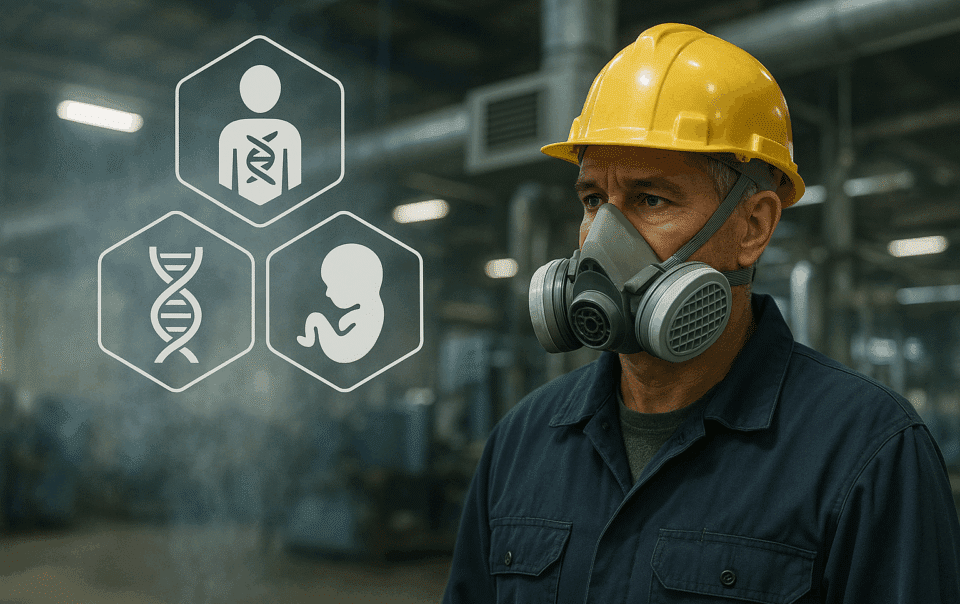 Ouvrier en usine portant un casque et un masque respiratoire, symbolisant la protection contre les produits CMR dans un environnement industriel.