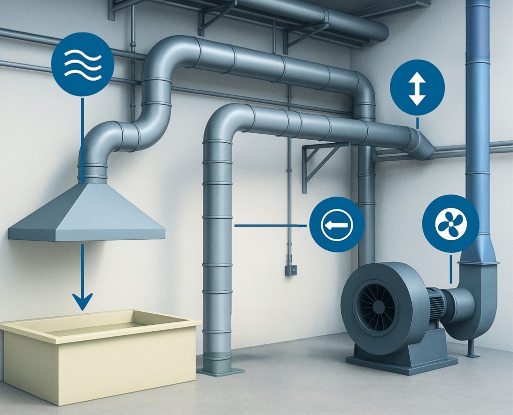 Illustration photoréaliste d’un atelier industriel simplifié, avec un captage à la source sur cuve, un réseau de gaines, un ventilateur d’extraction et une cheminée de rejet. Les pictogrammes indiquent les points vérifiés pendant un audit aéraulique : vitesse d’air, perte de charge, débit et sens de circulation.